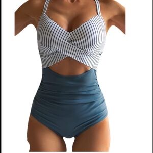Monokini-Blue Striped Cutout Swimsuit